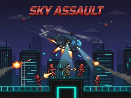 Drop from a helicopter into a hostile neon skyscraper! Sky Assault is a tactical vertical shooter where you descend through procedurally generated floors. Eliminate 30 unique enemy types, defeat massive bosses every 10 levels, and loot crates for ammo and weapons. Survival is the only option in this infinite arcade shooter.